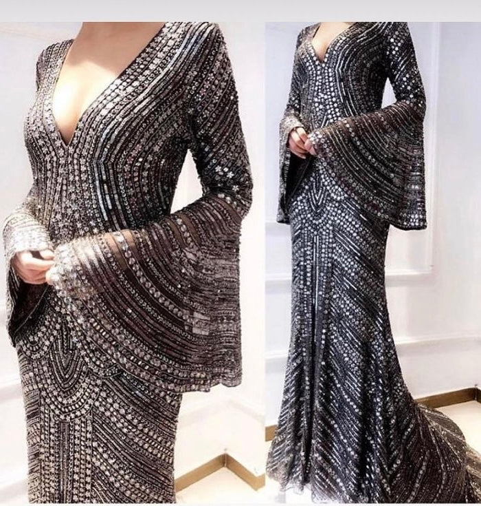 Backless Evening Dress Embroidered with Sequin and Glass Beads, Handmade Design Elegant, Stylish Evening Dress, Sparkly Silver Dress