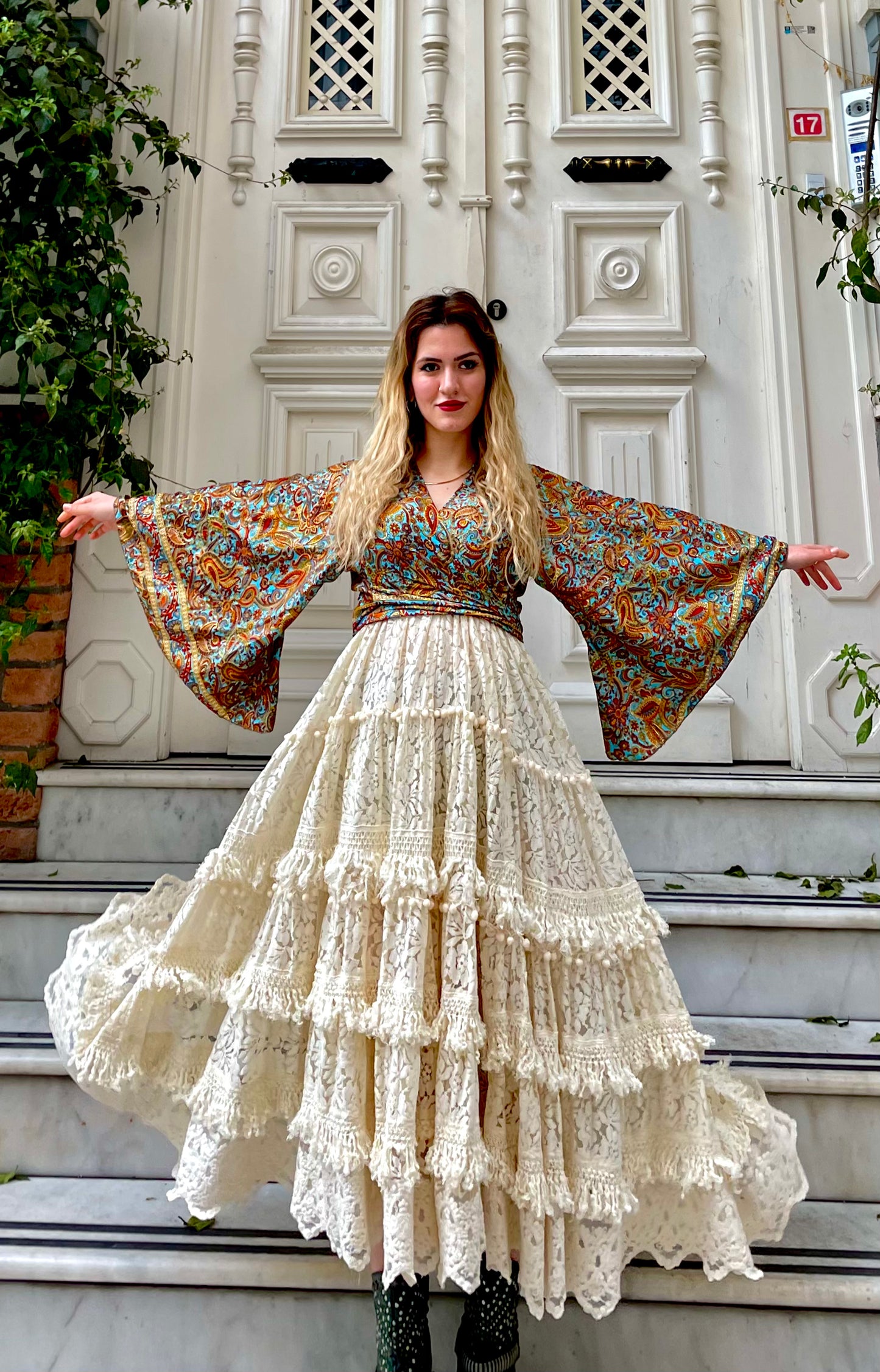 Bohemian lace ruffle cotton long skirt-   Boho A-line- Skirt, Long skirt, White Lace Floral Boho Skirt